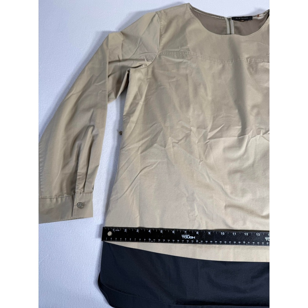 Elie Tahari Womens XL Long Sleeve Color Block Blouse Tan Black Cotton Blend Top - Picture 7 of 8